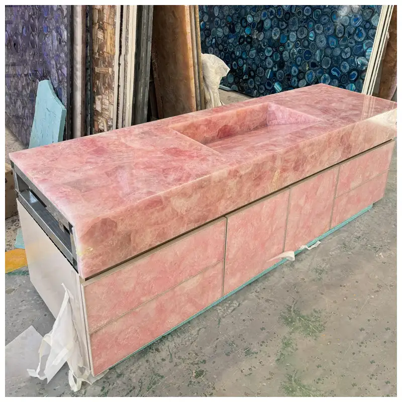 Semi-Precious Pink Rose Quartz Integrated Floating Vanity Tops